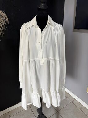 Women's White Mini Shirt Dress - Relaxed Ruffle Hem